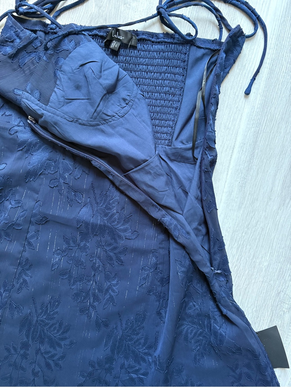 NWT Lulus Loveliest Looks Navy Blue Floral Jacquard Tie-Strap Midi Dress Size L - Picture 9 of 15